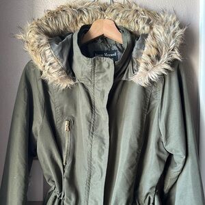 JASON MAXWELL Outerwear Collection Olive Green Faux Fur Hooded Utility Jacket